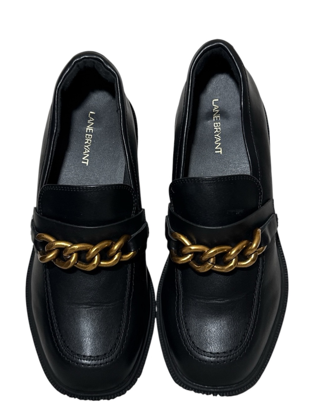 EUC Lane Bryant Black Chunky Heel Loafers with Gold Chain Detail Size: 10.5W